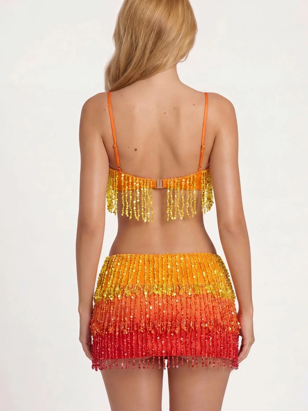 Oh Polly Yellow Orange Red Sequin Fringe Crop Top & Skirt Set - Picture 7 of 7